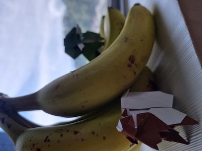 Origami sheep and elephant pictured with banana